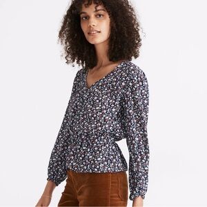 Madewell XXS 100% Silk Button Front Peplum Top in Blue Floral Harvest Vine